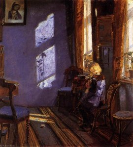 Sunlight In The Blue Room. Helga Ancher Knitting In Her Grandmother's Room — Anna Ancherová