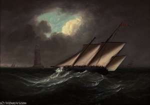 An armed lugger heeling in the breeze off the eddystone lighthouse
