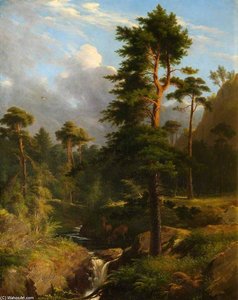 Deer Drinking At A Forest Stream — James William Giles