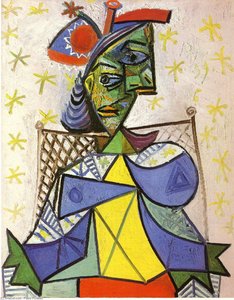 Mujer Sentada Con Sombrero Azul Y Rojo — Pablo Picasso