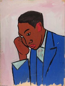 Man In Blue Suit With Head In Hand — William H. Johnson