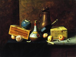 Still Life (also known as Copper tankard, bos, apples, wine bottles, ginger pot, cigar box and peeled orange)