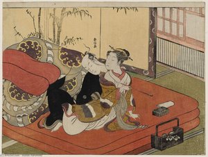 Courtesan Blowing Smoke In Man's Face — Suzuki Harunobu