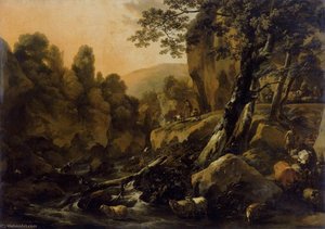 Herdsmen And Herds At A Waterfall — Nicolaes Pietersz Berchem