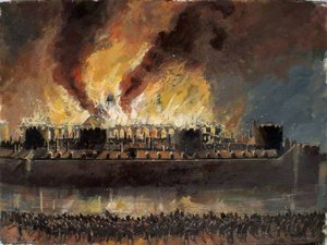 Reconstructed View Of The Tower Of London With The Grand Storehouse On Fire, 1841 — Ivan Lapper