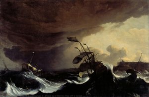 Ships In A Stormy Sea Off A Coast — Ludolf Backhuysen I