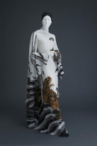 White Silk Dress Dyed With Tiger, Butterflies And Waves — هاني هوري