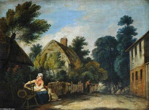 A Woman Spinning In A Farmyard Setting — Francis Wheatley