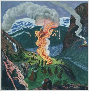 Midsummer Night Bonfire (woodcut) — Nikolai Astrup