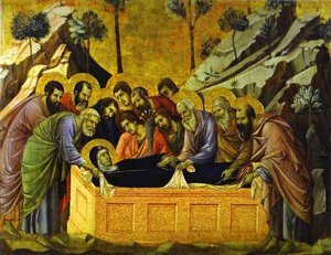 "maestó (front, Crowning Panels), The Entombment Of The Virgin" → "maestă (față, Panourile Coroane), Întrebarea Maicii Domnului" — Duccio Di Buoninsegna