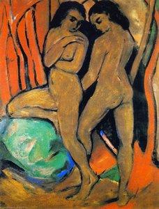 Two Standing Nudes with Green Rock