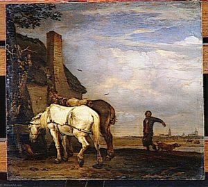 Deux Chevaux De Trait Devant Une Chaumiere — Paulus Potter