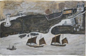 Two Ships And Steamer Sailing Past A Port, Falmouth And St Anthony Lighthouse — Alfred Wallis