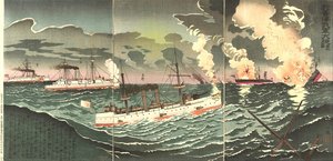 Popular Woodcut Scene From Naval Battles Of The Sino-japanese War, Scene 4 — Kobayashi Kiyochika