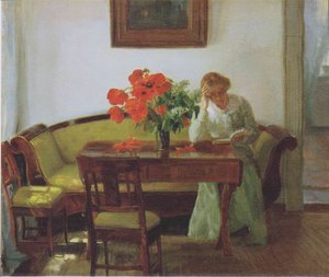 Deutsch Interieur Mit Mohnblumen Und Lesender Frau (lizzy Hohlenberg) English Interior With Poppies And Reading Woman (lizzy Hohlenberg) — Anna Kirstine Ancher