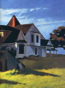 Untitled (8725) - Eine Studie Über Ein Haus Mit Roten Dachziegeln Auf Dem Land. Das Haus Ist Weiß Und Umgeben Von Bäumen. Es Gibt Zwei Schornsteine Auf Dem Dach, Einer Auf Jeder Seite. Ein Großer Baum Steht Hinter Dem Haus Und Verstärkt Die Ruhige Atmosph — Edward Hopper