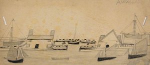 Houses Either Side Of Port Entrance And Seven Boats — Alfred Wallis