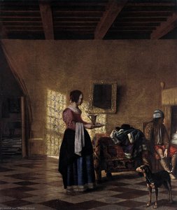 Woman With A Water Pitcher, And A Man By A Bed — Pieter De Hooch