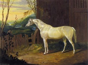 A Gray Arab Mare Outside A Stable In An Extensive River Landscape — John Frederick Herring Kıdemli