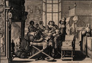 A Woman Giving Birth In An Elaborate Room Aided By A Mid-wif — Abraham Bosse