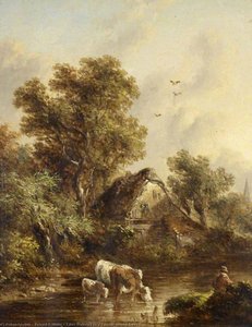 Cows Watering By A Cottage Among Trees — Richard H Hilder