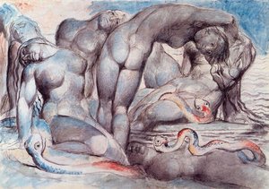 Vanni Fucci Hace Un Gesto Blasfematorio - È Un Dipinto Olio Dinamico Che Raffigura Figure Nude In Una Scena Acquatica Turbolenta. Romanticismo, Simbolismo E Dettagli Ricchi. — William Blake
