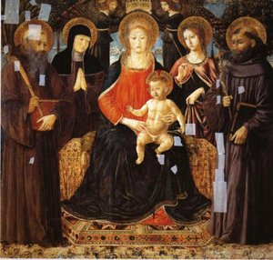 Madonna And Child Enthroned Among St. Benedict, St. Scholastica, St. Ursula And St. John Gualberto — Benozzo Gozzoli